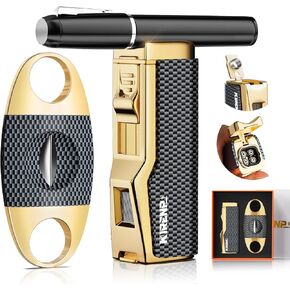Torch Lighter and V Cutter Set, Built-in Punch, Holder, Quad Jet Flame Windproof Butane Lighter, 4-in-1 Accessories for Men, Cool Lighter Set with Gift Box (Butane not included)