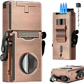 XIFEI 5-in-1 Cigar Lighter with Triple Jet Flame, Refillable Butane Torch Lighter with Foldable Cigar V Cutter Cigar Punch Cigar Stand Cigar Draw Enhancer, Windproof Lighter with Gift Box (Bronze)