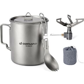 Odoland Titanium Camping Cookware 750ML Titanium Pot with Camping Stove and Spork Portable Camping Pot for Backpacking Hiking Traveling and Picnic