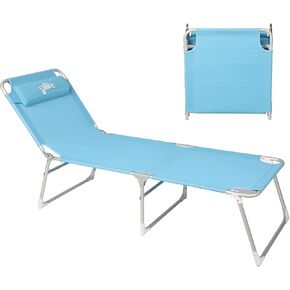 Cot with Pillow 4-Positions Folding Recliner Lounger Bed for Camping/Travel/Beach/Hiking/Patio, Supports 250LBS, Blue