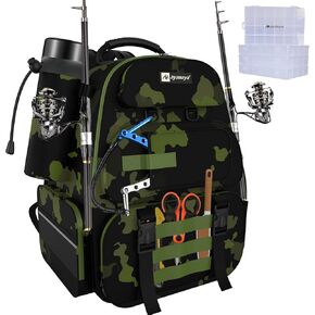 ayamaya 45L Fishing Backpack with 4 Tackle Boxes, Large Fishing Tackle Backpack with Rod Holders, Rubber Reet, Outdoor Multifunctional Fishing Bag Gear & Equipment for Fishing, Camping, Hiking