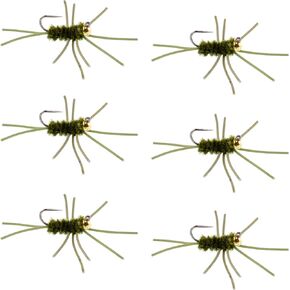 The Fly Fishing Place Tungsten Bead Jigged Pat's Rubber Legs Nymph Fly Fishing Flies - Dark Olive with Olive Legs - Trout and Bass Wet Fly Pattern - 6 Flies Hook Size 10
