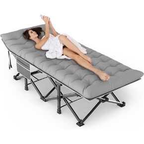 ZENPETIO Camping Cots for Adults, Portable Folding Sleeping Cot with Carry Bag, 1200D Double Layer Oxford Ultra Soft Cot Bed with Mattress, Tent Cot for Travel Office Hospital, Support 500lbs, Gray