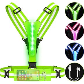 LED Reflective Vest Running, High Visibility Reflective Running Gear with Zipper Bag,Rechargeable Light Up Running Vest for Walking Running Cycling, Adjustable for Men Women Kids