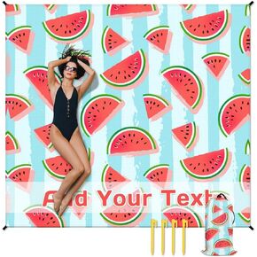 Beach Blanket Waterproof Sandproof, 86x78 Inches Large Watermelon Beach Mat for 4-6 Adults, Lightweight Windproof Picnic Blanket with 4 Corner Pockets for Outdoor, Travel, Camping, Hiking