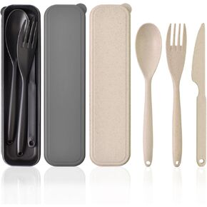 Large Reusable Utensils Set with Case, 3 Sets Portable Camping Utensils Spoons and Forks Set, Wheat Straw Travel Cutlery Set for Lunch Box School Work Picnic Daily Use