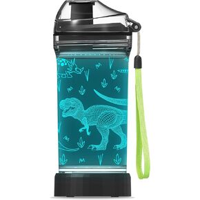YuanDian Dinosaur Water Bottle, Light Up Boy Drinking Cups with 3D Dinosaur Night Light- 14 OZ Tritan BPA Free Eco-Friendly - Cool Jurassic Merchandise Gift for School Kids Boy Girl