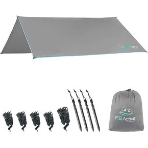 FE Active Rain Fly Canopy Tent - X Large Tarp 12' x 9' with 380T Ripstop 5000mm Waterproof Coating for Rain & Wind Protection Tarp Cover for Camping Hammock & Tent Areas | Designed in California, USA