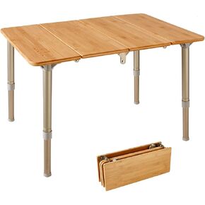 ATEPA Bamboo Folding Camping Table with Adjustable Height Aluminum Legs Small Coffee Table Patio Table Portable Outdoor Table Camp Tables for Travel, Picnic, Outdoor and Indoor