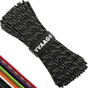 Reflective Paracord Rope 50FT with Velcro Strap, 7 Strand Nylon Para Cord Lanyard Utility 550 Parachute Cord, 4mm Thin Tent Rope for Outdoor Camping Hiking