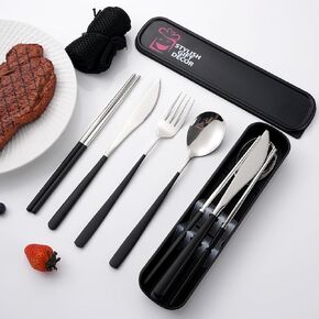 18/10 Portable Cutlery Spoon Fork Chopstick Gold Flatware Set with Case Travel Camping Outdoor Cutlery Set Stainless Steel-Black, Large