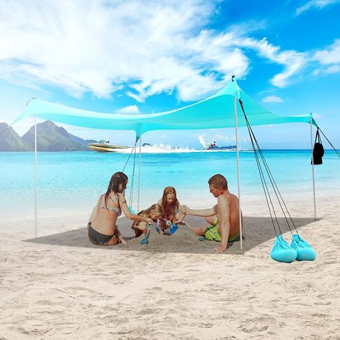 Beach Tent Sun Shelter UPF50+, Portable Beach Shade Canopy Windproof, Beach Sun Shade with 2 Pole and 6 Sandbags for Family Vacation Beach Camping Fishing Picnics Park(7×7FT) in Saudi Arabia
