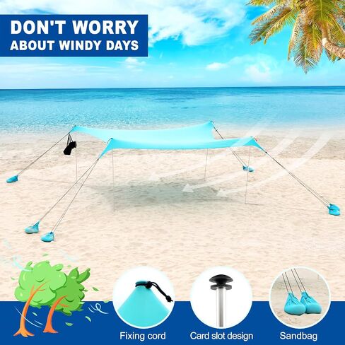 Beach Tent Sun Shelter UPF50+, Portable Beach Shade Canopy Windproof, Beach Sun Shade with 2 Pole and 6 Sandbags for Family Vacation Beach Camping Fishing Picnics Park(7×7FT) in Saudi Arabia