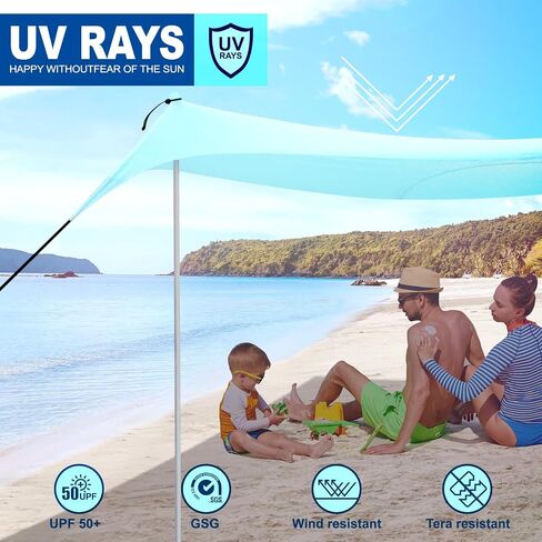 Beach Tent Sun Shelter UPF50+, Portable Beach Shade Canopy Windproof, Beach Sun Shade with 2 Pole and 6 Sandbags for Family Vacation Beach Camping Fishing Picnics Park(7×7FT) in Saudi Arabia