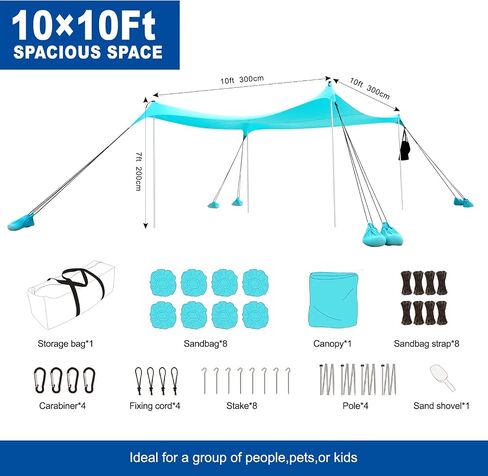 Beach Tent Sun Shelter UPF50+, Portable Beach Shade Canopy Windproof, Beach Sun Shade with 2 Pole and 6 Sandbags for Family Vacation Beach Camping Fishing Picnics Park(7×7FT) in Saudi Arabia