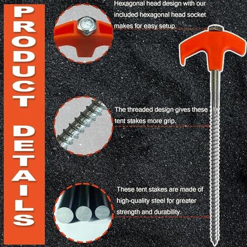 12 Pack Tent Stakes Heavy Duty, Screw in Tent Stakes Heavy Duty, Metal Tent Stakes, 8" Tent Pegs, Camping Stakes, with 1 Hex Head Driver, 1Stopper T Pull Hook, with 4 X 13ft Ropes,Storage Box (B1) in Saudi Arabia