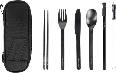 EcoVessel WANDERWARE Stainless Steel Utensils Set, Reusable Cutlery Set with Carry Case Camping Accessories, Travel Utensils With Case – 6 Pcs (Black Smoke) in Saudi Arabia