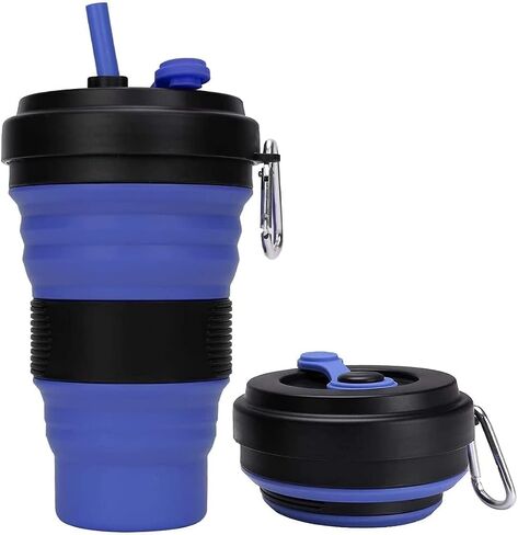 Collapsible Travel Cup - 1 Pack Silicone Folding Camping Cup Sport Bottle with Lids - Expandable Scald-Proof Drinking Cup - 19 OZ Portable Bottle(Blue) in Saudi Arabia