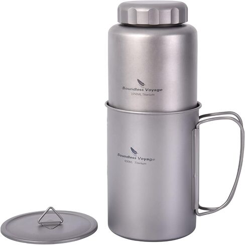 iBasingo 1050ml Titanium Bottle with 600ml Nesting Cup Outdoor Camping Single Layer Wide Mouth Cookware Lightweight Portable Bottle Mug Set Hiking Picnic Solo Cooking Mess Kit Ti3007D in Kuwait