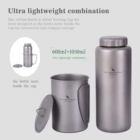 iBasingo 1050ml Titanium Bottle with 600ml Nesting Cup Outdoor Camping Single Layer Wide Mouth Cookware Lightweight Portable Bottle Mug Set Hiking Picnic Solo Cooking Mess Kit Ti3007D in Kuwait