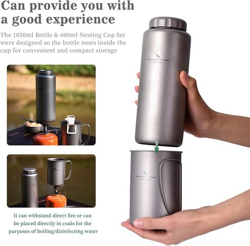 iBasingo 1050ml Titanium Bottle with 600ml Nesting Cup Outdoor Camping Single Layer Wide Mouth Cookware Lightweight Portable Bottle Mug Set Hiking Picnic Solo Cooking Mess Kit Ti3007D in Kuwait