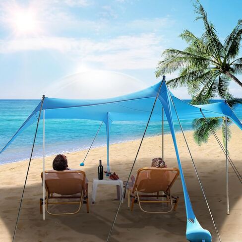 Beach Tent,Beach Canopy,Beach Tent Sun Shelter | UPF50+ Pop Up Beach Tent,Beach Umbrella with 6 Sandbags and 4 Aluminum Poles, Beach Shade for Camping, Backyard Fun or Picnics (Blue10*15FT) in Saudi Arabia