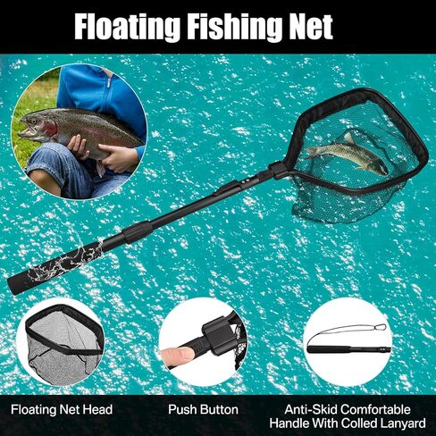 Floating Fishing Net for Steelhead, Salmon, Fly, Kayak, Bass, Trout, Rubber Coated Freshwater Fish Landing Net with Telescoping Pole Aluminum Handle, Fish-friendly Mesh for Easy Catch & Release in Saudi Arabia