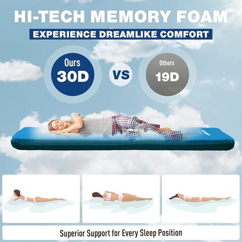 Overmont Self-Inflating Sleeping Pad - 3"Thick Memory Foam Camping Pad - Inflatable Camping Mattress Pad Sleeping Mat for Car Truck Travel Tent - 4 Season Durable Comfortable in Kuwait