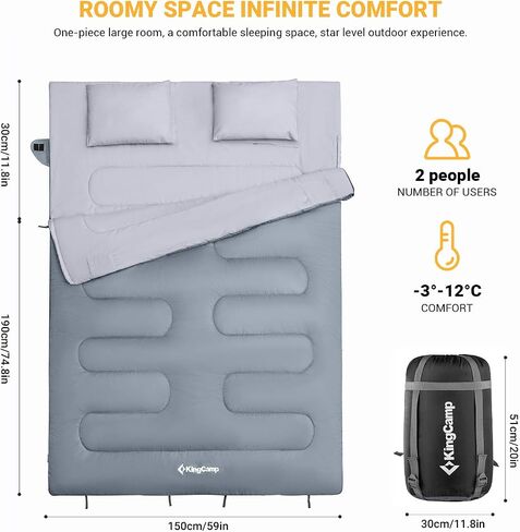 KingCamp 87 x 59 Inch 2 Person 20 Degree Lightweight Waterproof Couple Family Sleeping Bag with 2 Pillows for Camping, Hiking, & Backpacking in Saudi Arabia