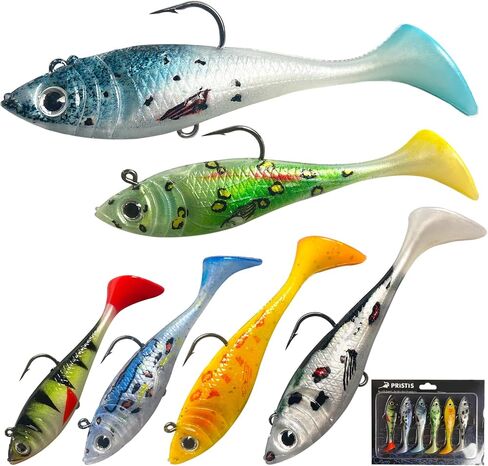 6 pcs Jig Head Soft Fishing Lures, Pre-Rigged Paddle Tail Swimbaits, Shad and Worm Lure with Fish Attractants, Bass Trout Sinking Baits Kit for Saltwater & Freshwater, Bass Fishing Gear Gifts in Kuwait