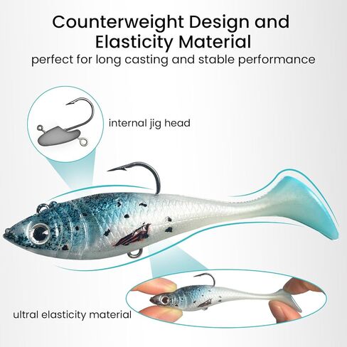 6 pcs Jig Head Soft Fishing Lures, Pre-Rigged Paddle Tail Swimbaits, Shad and Worm Lure with Fish Attractants, Bass Trout Sinking Baits Kit for Saltwater & Freshwater, Bass Fishing Gear Gifts in Kuwait