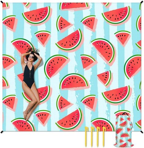 Beach Blanket Waterproof Sandproof, 86x78 Inches Large Watermelon Beach Mat for 4-6 Adults, Lightweight Windproof Picnic Blanket with 4 Corner Pockets for Outdoor, Travel, Camping, Hiking in Saudi Arabia