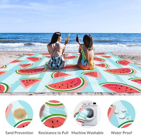 Beach Blanket Waterproof Sandproof, 86x78 Inches Large Watermelon Beach Mat for 4-6 Adults, Lightweight Windproof Picnic Blanket with 4 Corner Pockets for Outdoor, Travel, Camping, Hiking in Saudi Arabia
