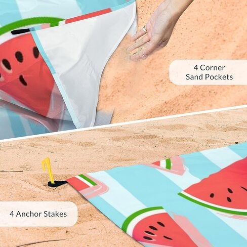 Beach Blanket Waterproof Sandproof, 86x78 Inches Large Watermelon Beach Mat for 4-6 Adults, Lightweight Windproof Picnic Blanket with 4 Corner Pockets for Outdoor, Travel, Camping, Hiking in Saudi Arabia