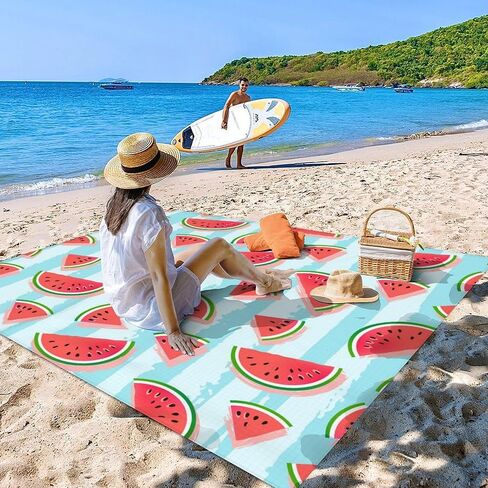 Beach Blanket Waterproof Sandproof, 86x78 Inches Large Watermelon Beach Mat for 4-6 Adults, Lightweight Windproof Picnic Blanket with 4 Corner Pockets for Outdoor, Travel, Camping, Hiking in Saudi Arabia