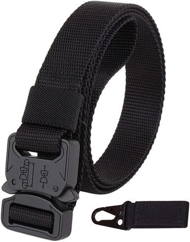 Tactical Belt, 1.5 Inch Military Style Webbing Riggers Web Belt with Heavy Duty Quick-Release Buckle & Extra Hook (Black) in Saudi Arabia