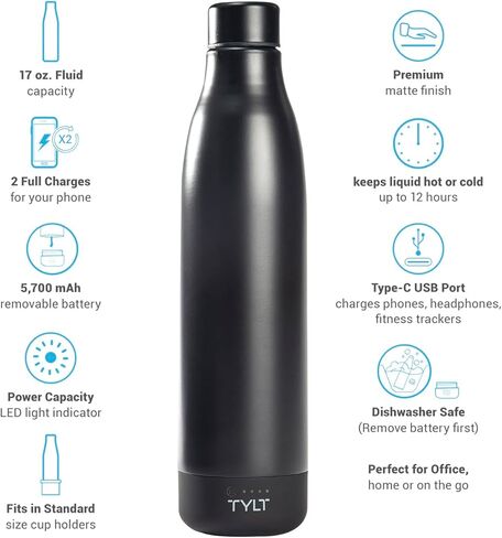 زجاجة مياه TYLT الكل في واحد من الفولاذ المقاوم للصدأ سعة 17 أونصة وبنك طاقة محمول بقدرة 5700 مللي أمبير في الساعة، آمنة للاستخدام في غسالة الأطباق، أسود in Kuwait
