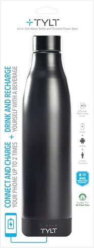 زجاجة مياه TYLT الكل في واحد من الفولاذ المقاوم للصدأ سعة 17 أونصة وبنك طاقة محمول بقدرة 5700 مللي أمبير في الساعة، آمنة للاستخدام في غسالة الأطباق، أسود in Kuwait