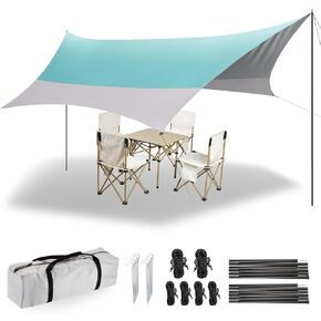 12X14FT Camping Tarp with 2 Poles, UV UPF50+ Lightweight Car Awning Sun Shelter, PU3000 Waterproof Tarp for Camping, Hiking and Backpacking Trips