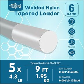 Fly Fishing Tapered Leader with Pre-Tied Loop, Clear Nylon Fly Line, 6 Pack, 7.5FT 9FT 12FT 1X 2X 3X 4X 5X 6X 7X for Freshwater Saltwater