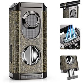 Triple Torch Lighter with V Cutter, Built-in Holder, Ideal Gifts for Men, Refillable Butane Lighter with Multifunctional Accessories, Windproof Cool Lighter for Travel, Outdoors (Butane not Included)