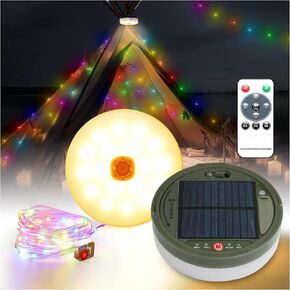 INDARUN Solar Camping String Lights Outdoor Waterproof, 2 in 1 Camping Lights & Lanterns 32.8ft 8 Modes, USB Charging, 3600mAh Rechargeable String Lights, Tent Lights for Camping Essential