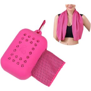 1 Pack Sports Towel with Silicone Storage Bag and Carabiner Clip, Microfiber Cooling Towels, Quick Dry Stay Cool Chilly Towel for Yoga Running, Gym, Camping, Travel Sports Towels, Rose Red