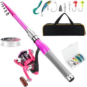 مجموعة صنارة وبكرة صيد السمك للسيدات، طقم صنارة صيد تلسكوبية من ألياف الكربون مع بكرة دوارة، خط صيد، طُعم صيد السمك، حقيبة سفر للنساء والفتيات المبتدئات في المياه العذبة (وردي) in Kuwait