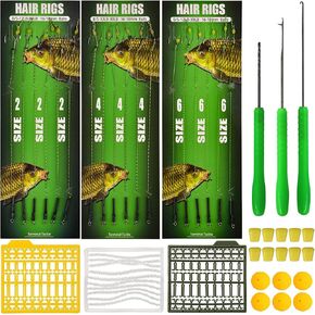 Carp Fishing Hair Rigs 18pcs High Carbon Steel Barbed Carp Hook Swivel Boilies Fishing Rigs, Boilies Bait Stopper Floating Ball Bead Fake Corn Needle Tool Kit Carp Fishing Tackle Accessories