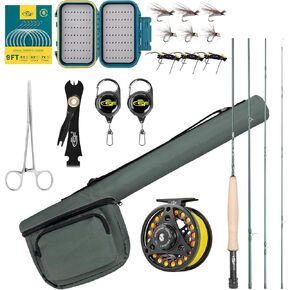 SF Fly Fishing Rod Combo Starter Kit Semi Gloss Green Jade Finish 24T Carbon Fiber Trout Travel Fly Rod with Reel,Fly Rod case,Fly Box, Flies,Tapered Leader,Knot Tying Tools