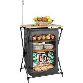 Finnhomy Outdoor Folding Camping Cabinet with 3-Tier Storage Organizer, Bamboo Top Camping Table with Carry Bag and Side Hooks for BBQ Camping Picnic Backyard, Grey