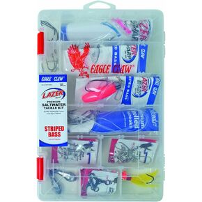 EAGLE CLAW LAZER SHARP STRIPED BASS SALTWATER TACKLE KIT, 33 PIECES, CONTAINS ASSORTMENT OF HOOKS, SINKERS AND TACKLE FOR SALTWATER STRIPED BASS