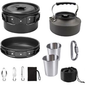 Camping Cookware Set Lightweight Portable Pot Pan Kettle Cups Spoon Fork Cutter with Carry Bag for Camping, Backpacking, Outdoor Cooking and Picnic