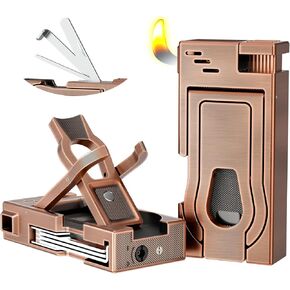 Pipe Lighter with Pipe Stand, 3 in 1 Cleaner Tools, Refillable Butane Lighter with Angled Soft Flame, Pipe Lighters for Smoking, Pipe Gift for Father's Day,Christmas Day (Bronze)